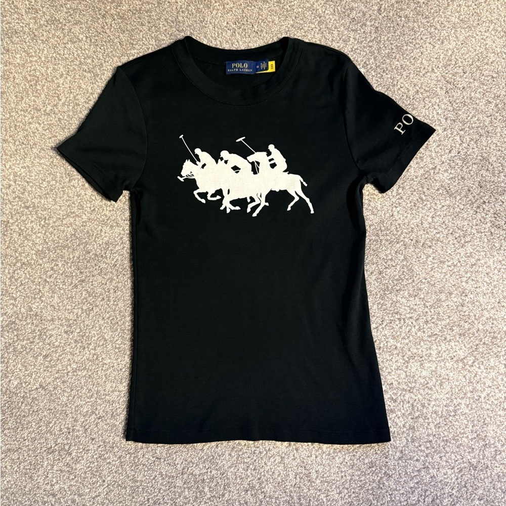 Polo Ralph Lauren Match Pony Black Tee with embroidered letters on sleeve